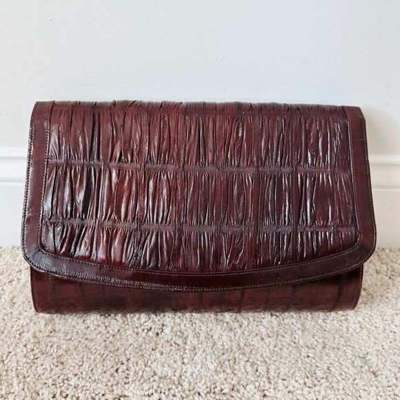 Vintage Mahogany Brown Too Eel Skin Leather Removable Strap Shoulder Clutch Bag